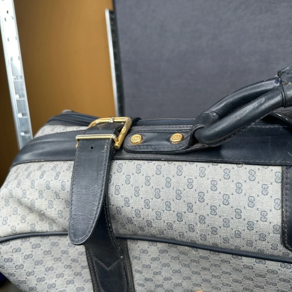 Vintage Gucci GG Monogram Suitcase Navy Leather Trim Travel Bag Large Soft Case